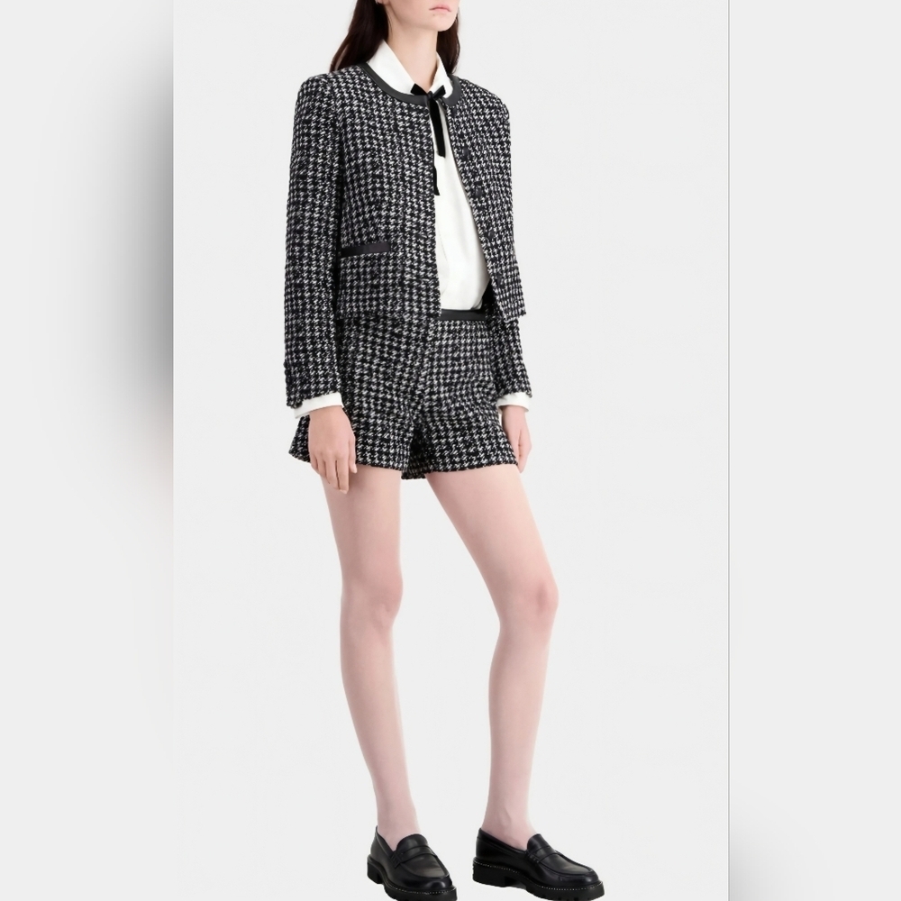 The Kooples Houndstooth/Tweed High- Waisted Shorts W/ Leather Trim - Picture 4 of 8